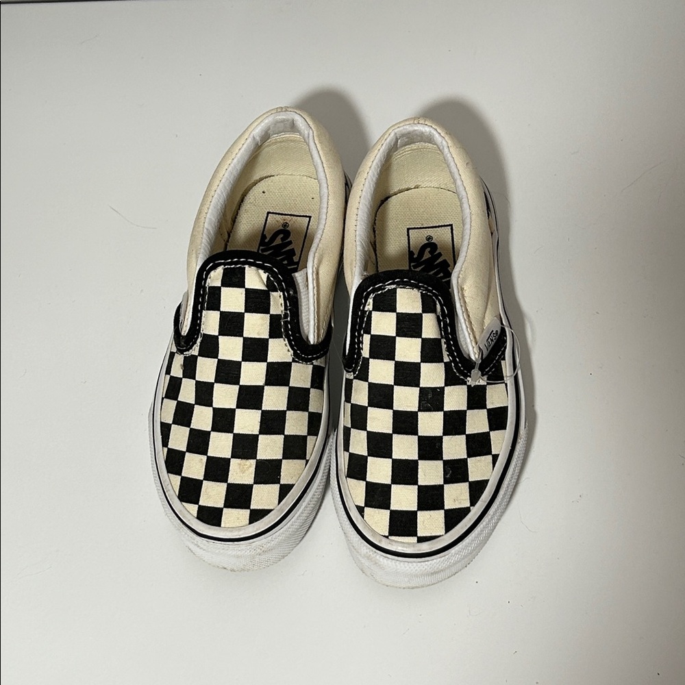 Vans Cream and Black Checkered Slip-Ons